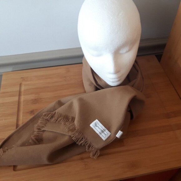 VTG EVAN PICONE Wool blend Scarf muffler camel tan brown short fringe Neutral - Picture 3 of 6